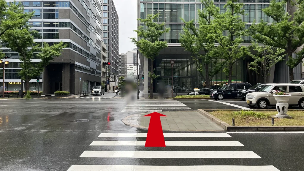 リージャス淀屋橋ビジネスセンターへのアクセス方法：御堂筋を横断する広い横断歩道と、対岸のビル群の様子。