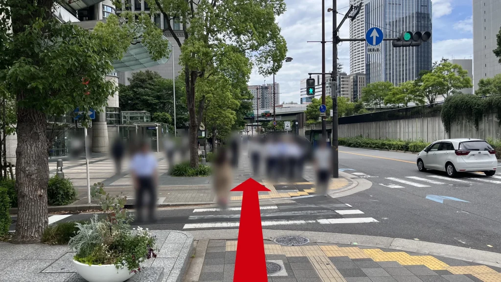Signature大阪ダイビル本館へのアクセス方法：横断歩道前の写真。左手に街路樹、右手には川沿いに道路が走っている